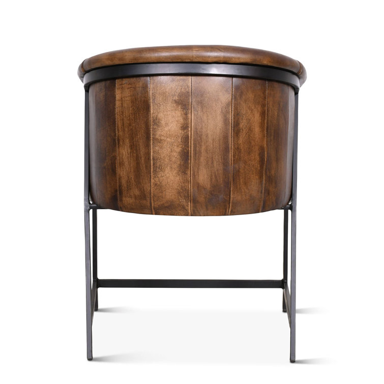 Antique Whiskey Brown Leather Armchair with Metal Frame