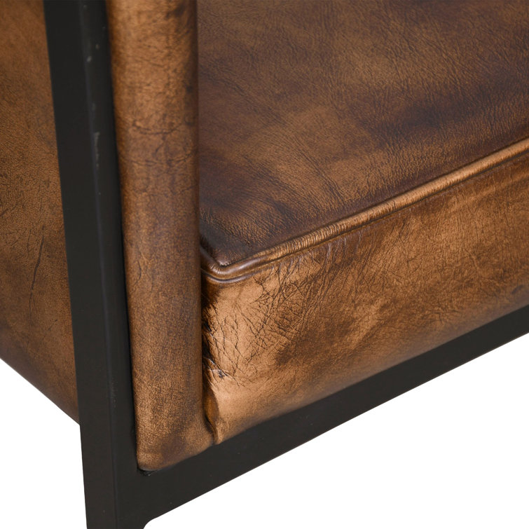 Antique Whiskey Brown Leather Armchair with Metal Frame