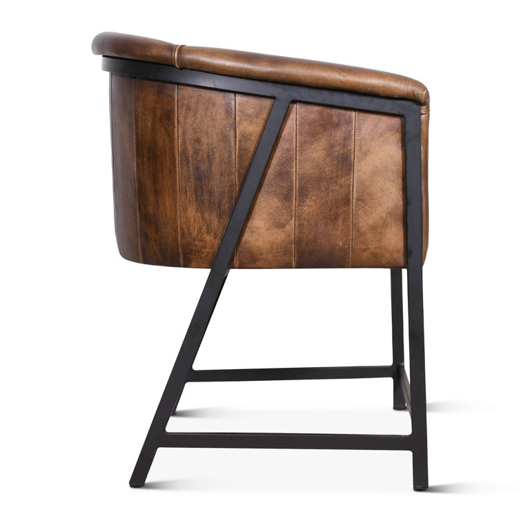 Antique Whiskey Brown Leather Armchair with Metal Frame