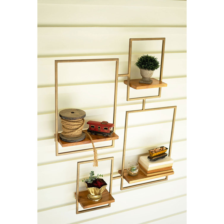 Gold and Brown Geometric Wood Wall Shelf with 4 Tiers