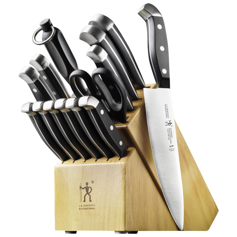 HENCKELS Statement 15-Piece Kitchen Knife Set with Block, Chef Knife, Steak Knife set, Kitchen Knife Sharpener, Light Brown, Stainless Steel