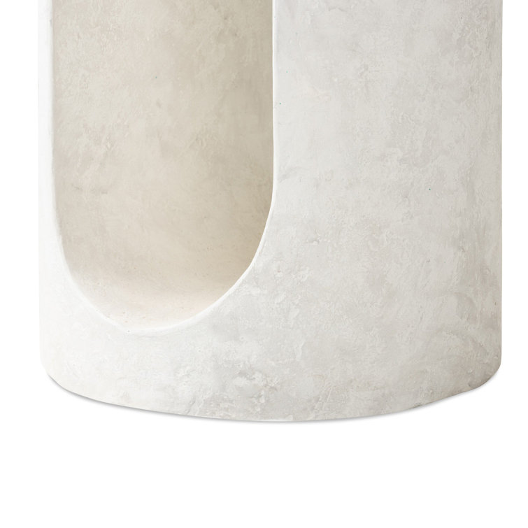 White Concrete Round End Table with Cutout Design