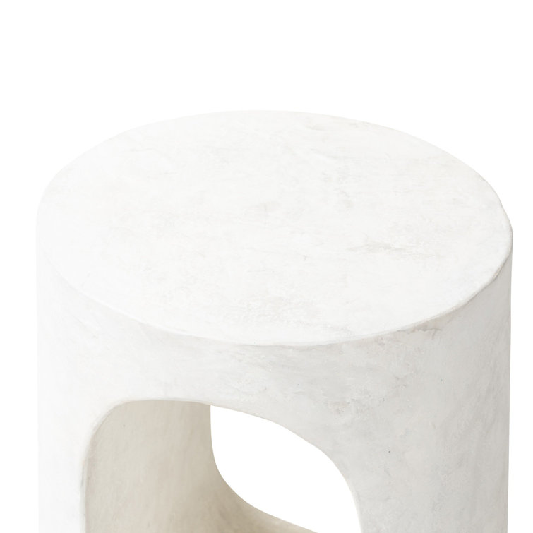 White Concrete Round End Table with Cutout Design