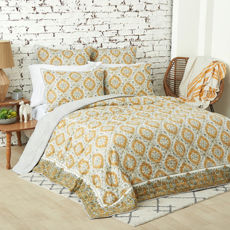 Queen Yellow and Gray Cotton Quilt Set