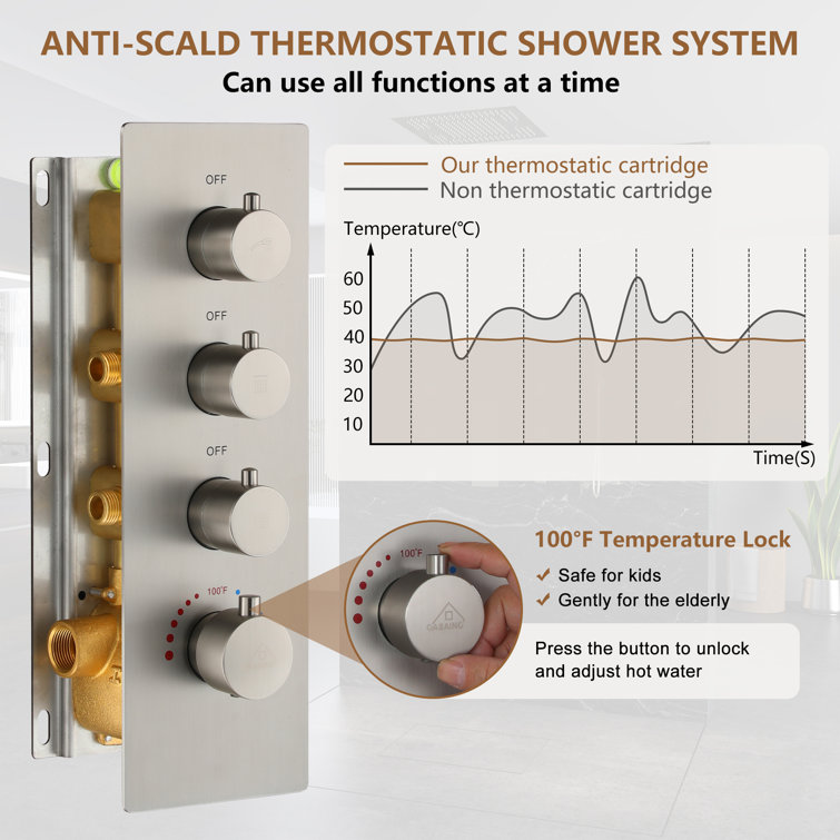 Brushed Nickel Square LED Rain Shower System with Handheld and Bluetooth Speaker