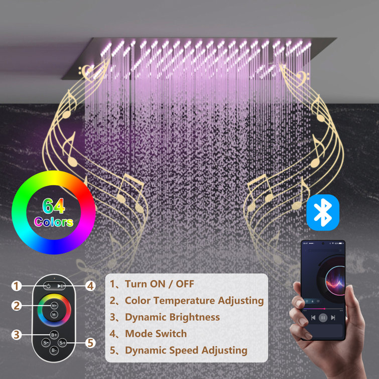 Brushed Nickel Square LED Rain Shower System with Handheld and Bluetooth Speaker