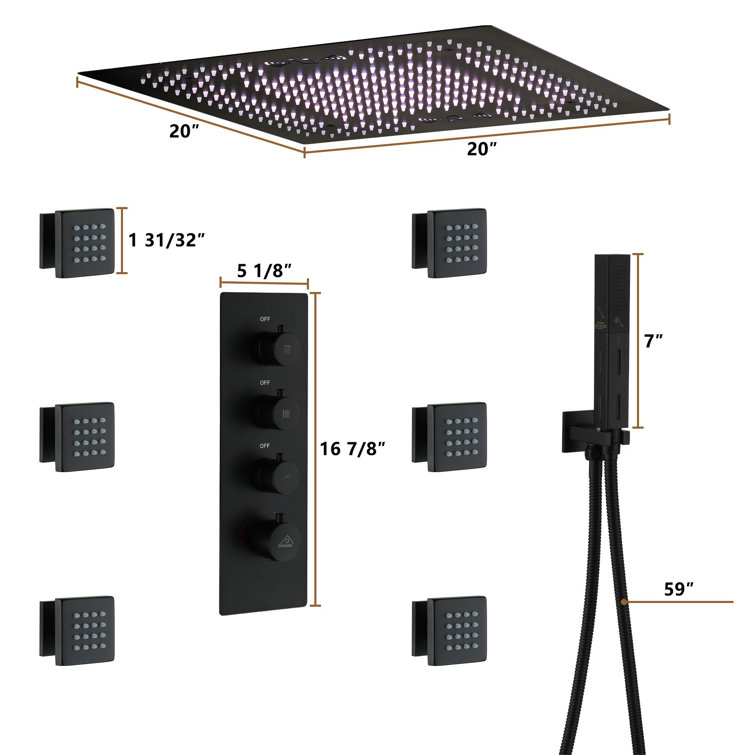 Matte Black Large Square LED Rainfall Shower System with Handheld