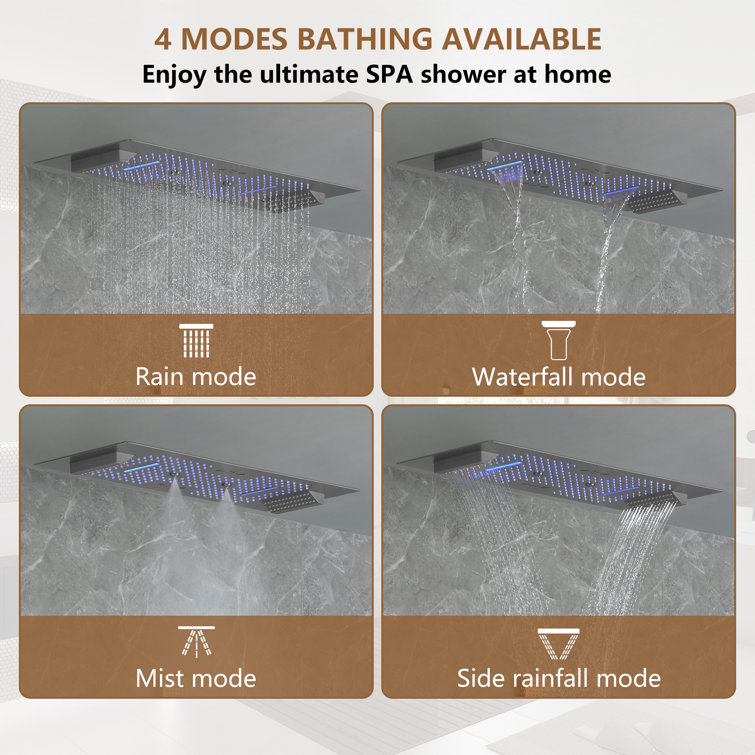 Brushed Nickel LED Rainfall Shower System with Handheld and Waterfall