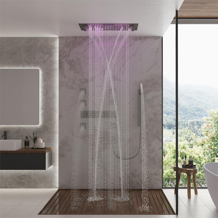 Brushed Nickel LED Rainfall Shower System with Handheld and Waterfall