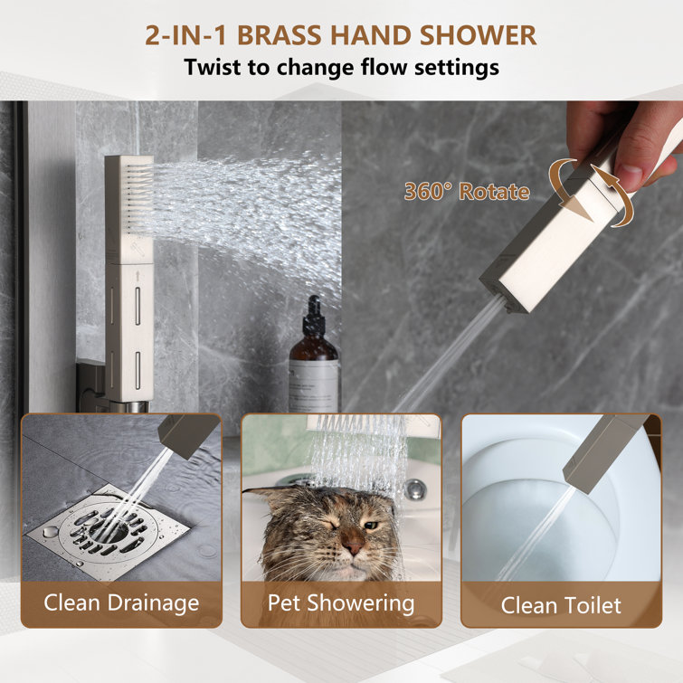 Brushed Nickel LED Rainfall Shower System with Handheld and Waterfall