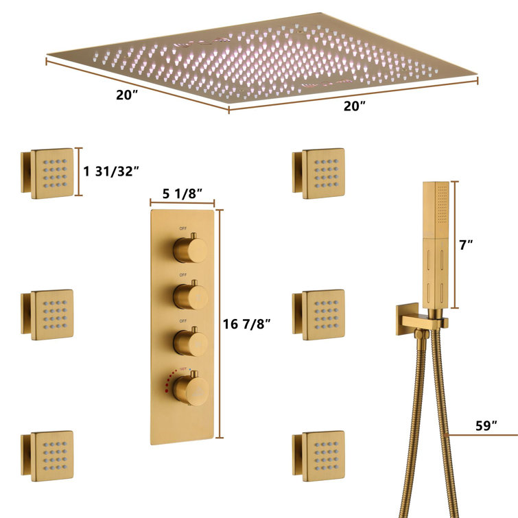 Brushed Gold Large LED Rainfall Shower System with Handheld and Music