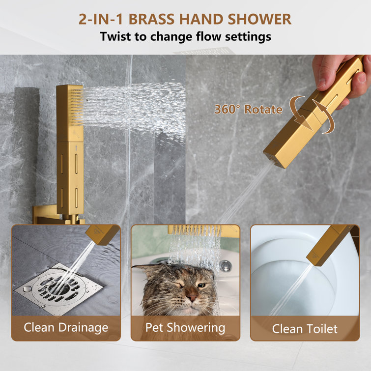 Brushed Gold Large LED Rainfall Shower System with Handheld and Music