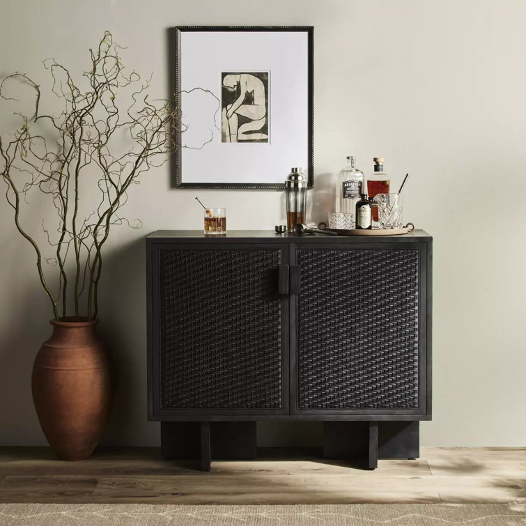 Black Woven Cane Front Bar Cabinet with Cross Legs