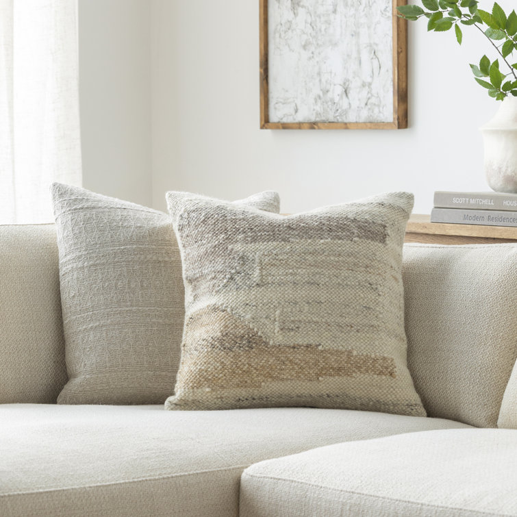 Beige and Brown Wool Blend Square Throw Pillow