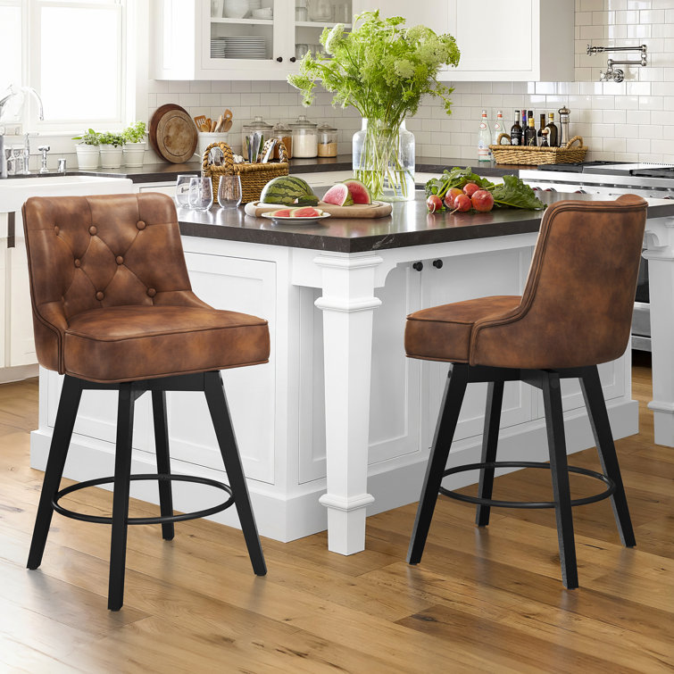 Brown Faux Leather Swivel Counter Stool with Metal Legs