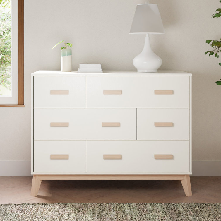 White and Washed Natural Mid-Century 6-Drawer Dresser