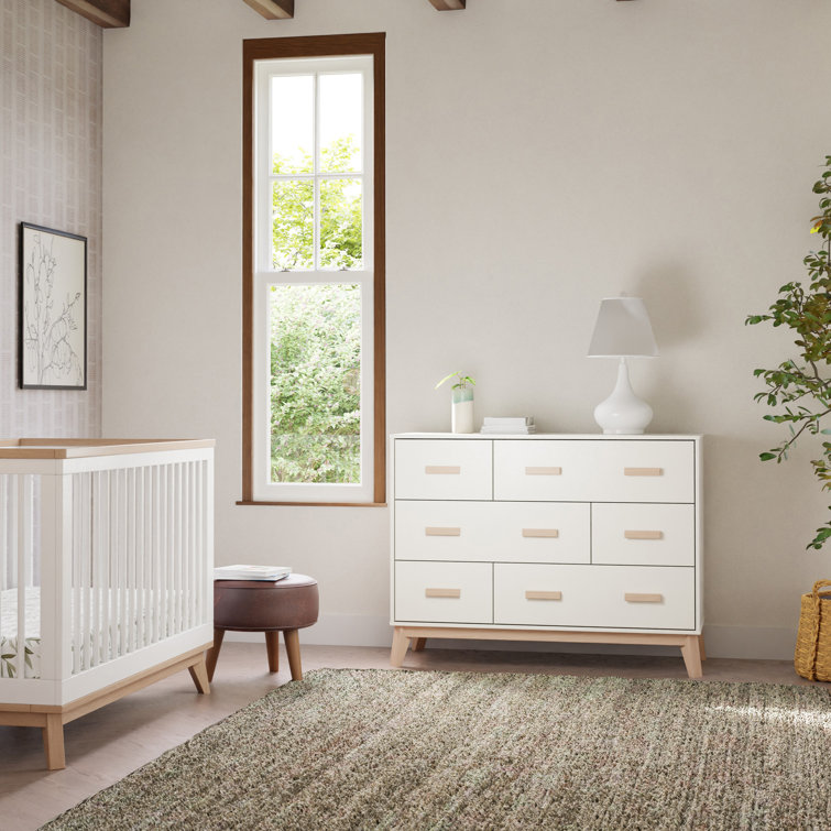 White and Washed Natural Mid-Century 6-Drawer Dresser