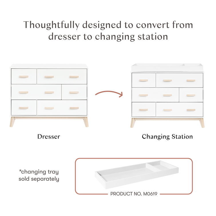 White and Washed Natural Mid-Century 6-Drawer Dresser