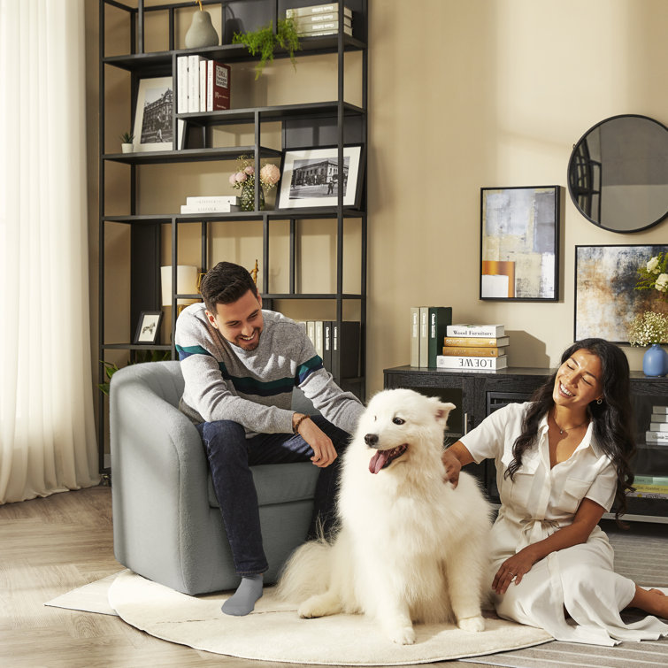Gray Polyester Blend Swivel Barrel Chair with Wood Base