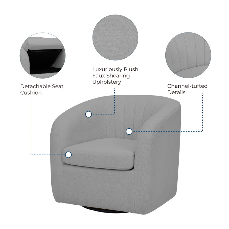 Gray Polyester Blend Swivel Barrel Chair with Wood Base