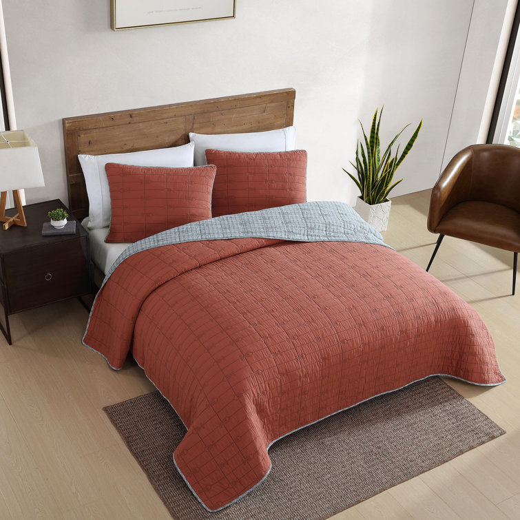 King Gray and Terracotta Cotton Reversible Quilt Set