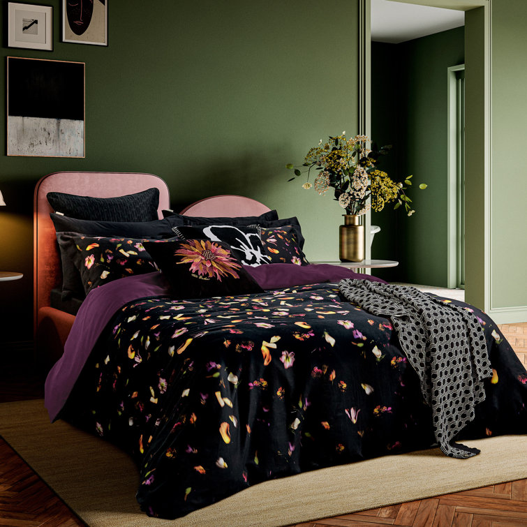 Full/Queen Black Cotton Floral Comforter Set