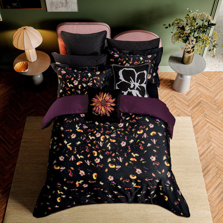 Full/Queen Black Cotton Floral Comforter Set