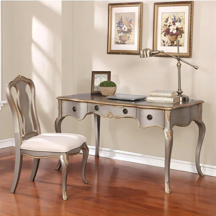 Gray French Country Wood Writing Desk with Drawers