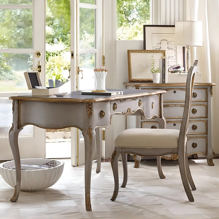 Gray French Country Wood Writing Desk with Drawers