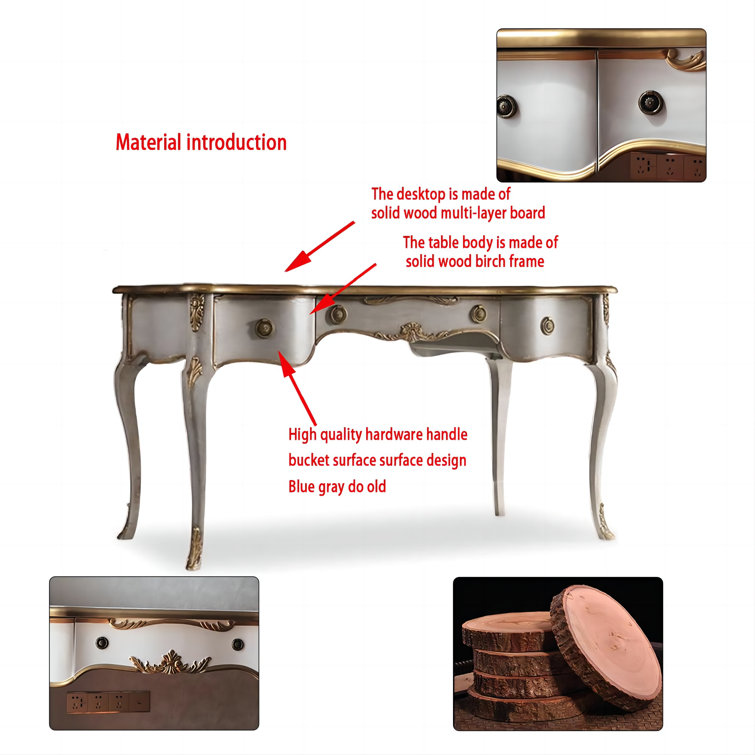 Gray French Country Wood Writing Desk with Drawers