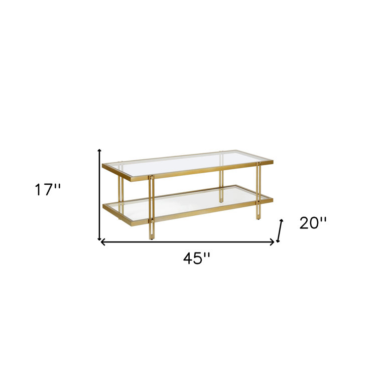 Modern Brass Finish Rectangular Coffee Table with Glass Storage Shelf