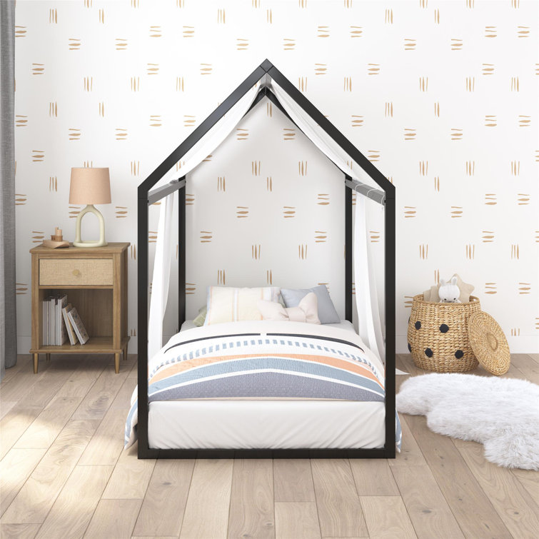 Black Metal Twin Montessori House Bed with Canopy Frame