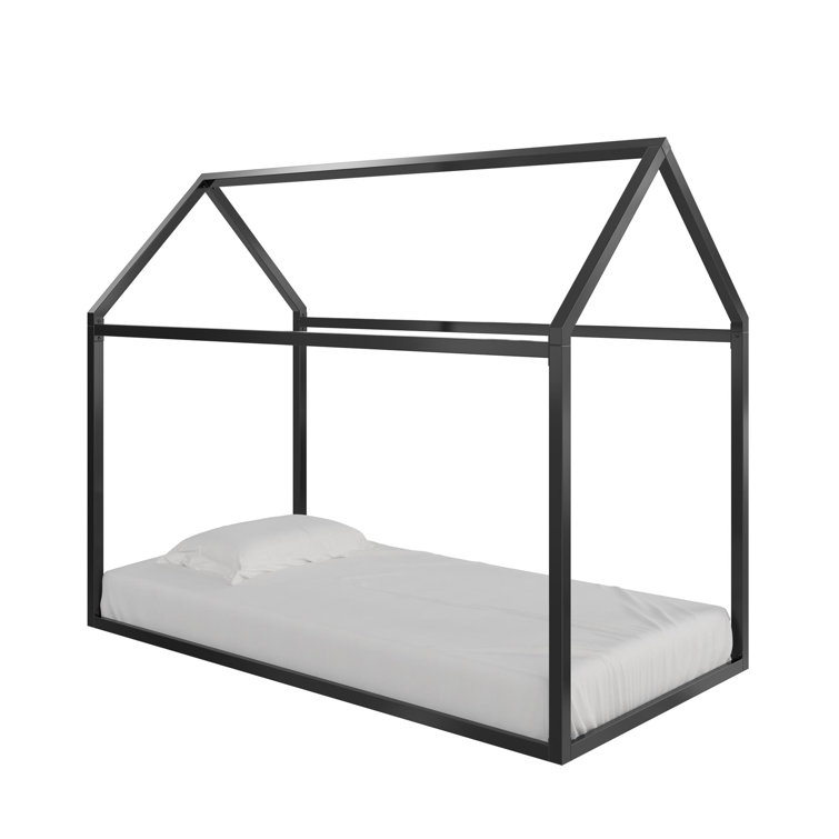 Black Metal Twin Montessori House Bed with Canopy Frame