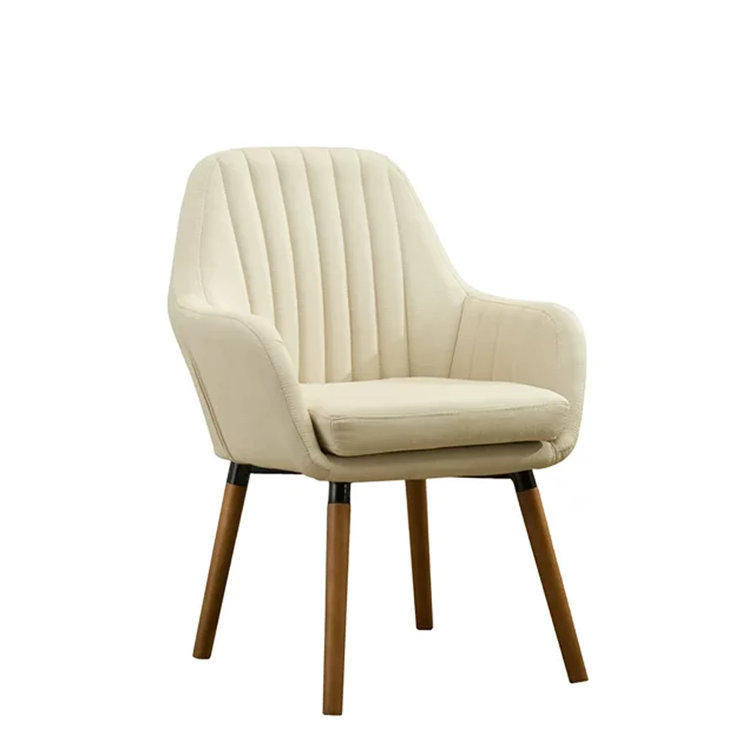 Elegant Tan Barrel-Backed Accent Chair with Solid Wood Legs