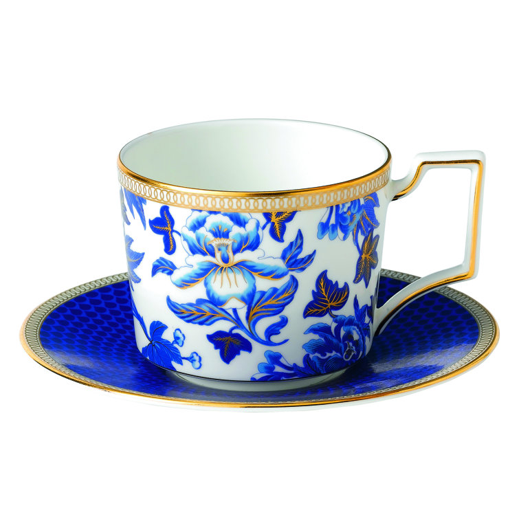 Wedgwood Hibiscus Blue and Gold Fine Bone China Teacup and Saucer