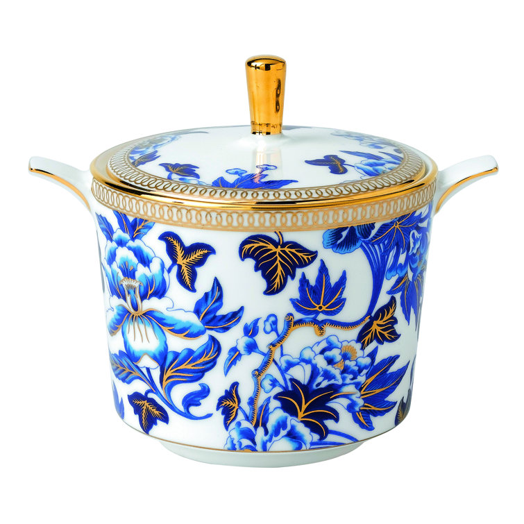 Blue and Gold Floral Fine Bone China Sugar Bowl with Lid