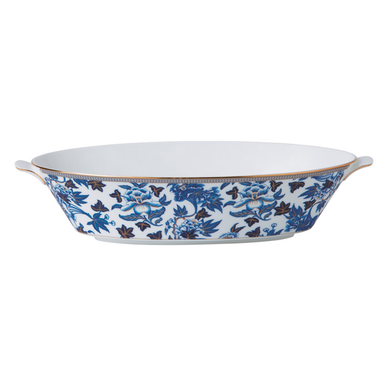 Blue and White Floral Ceramic Oval Serving Bowl