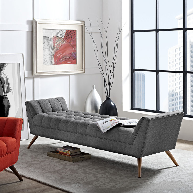 Elegant Gray Tufted Fabric Bench with Tapered Beech Wood Legs