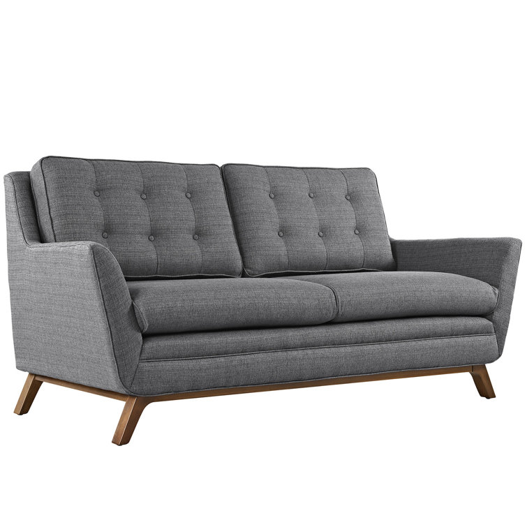 Gray Tufted Fabric Loveseat with Walnut-Stained Base