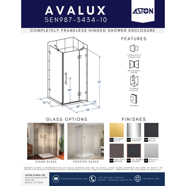 Avalux 34" x 34" Frosted Glass Frameless Shower Enclosure with Stainless Steel Hardware