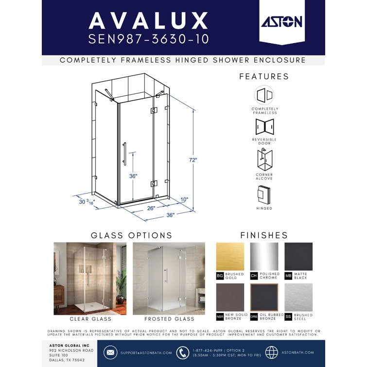 Avalux 32" x 72" Frameless Hinged Shower Enclosure with Frosted Glass and Chrome Finish