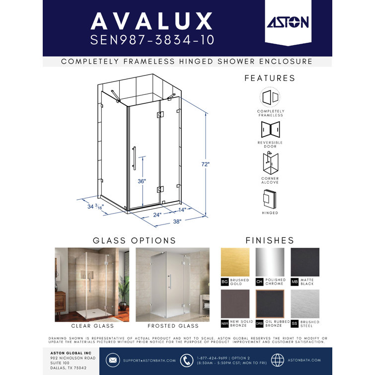 Avalux 37" x 72" Frameless Hinged Shower Enclosure, Frosted Glass and Chrome
