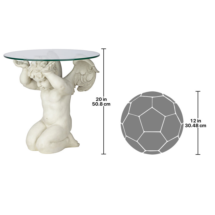 Celestial Cherub 21" Glass-Topped Resin End Table in Antique Stone