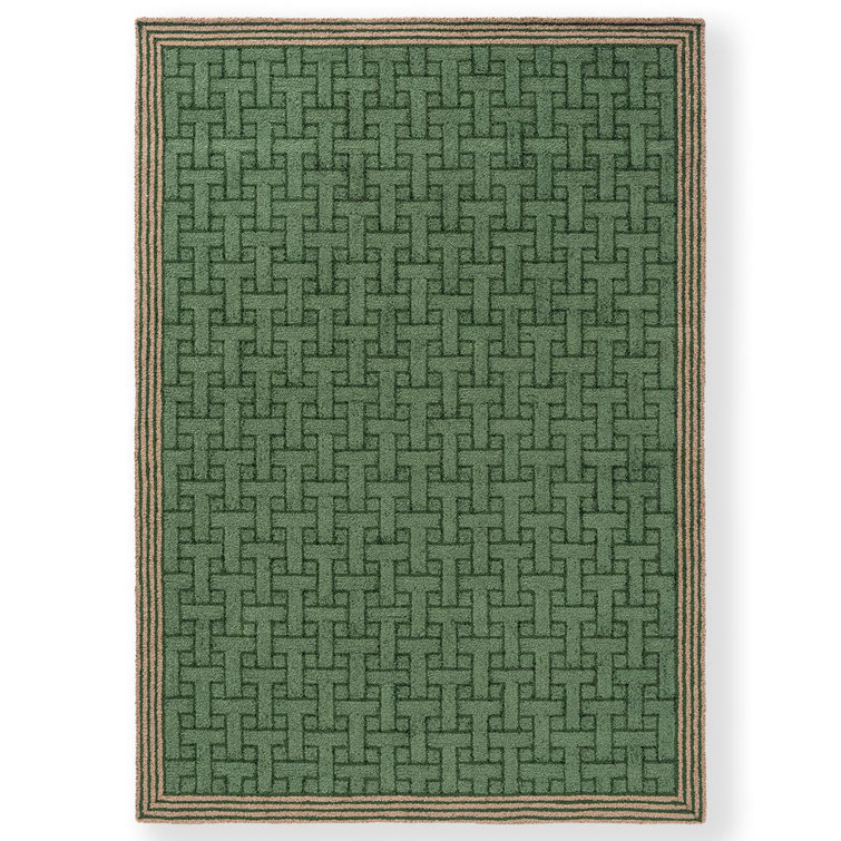 Handwoven Green Geometric Wool and Synthetic Rug