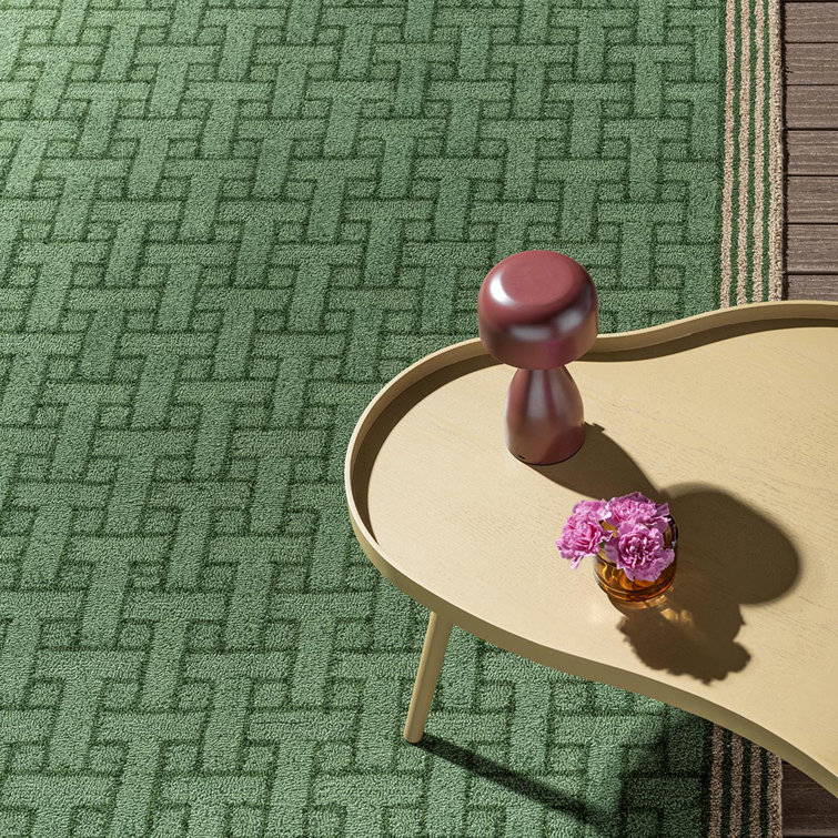 Handwoven Green Geometric Wool and Synthetic Rug