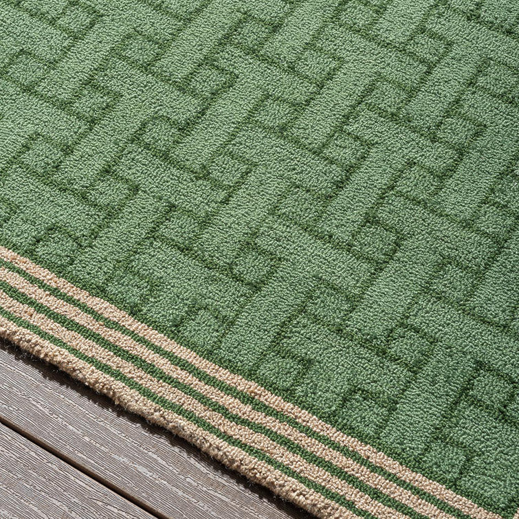 Handwoven Green Geometric Wool and Synthetic Rug