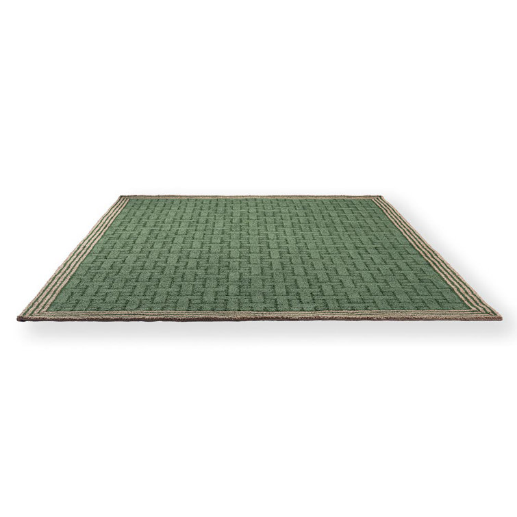 Handwoven Green Geometric Wool and Synthetic Rug
