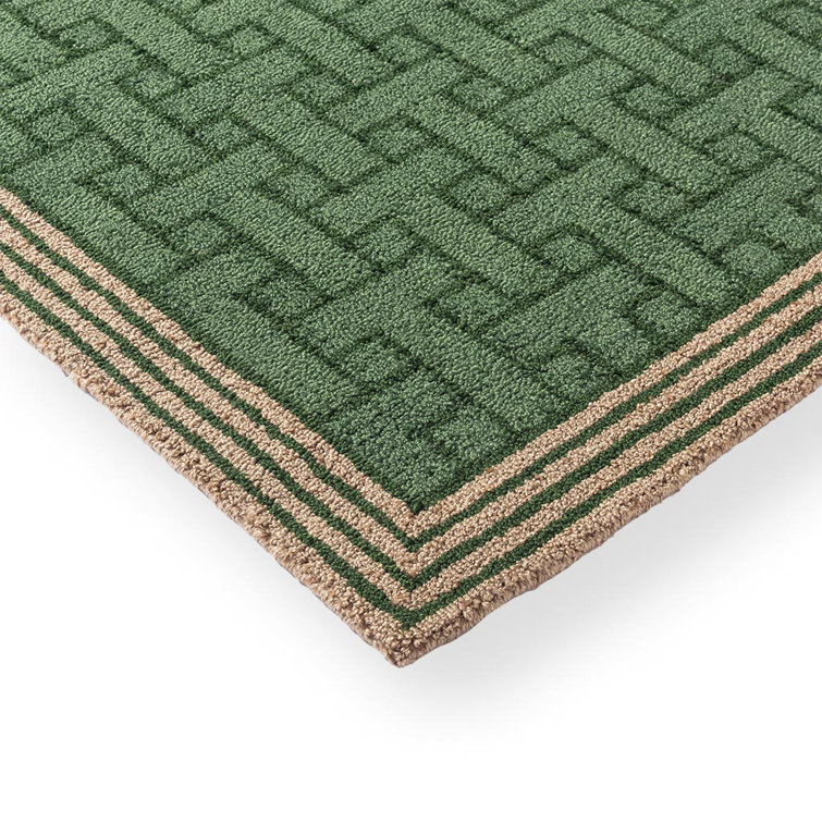 Handwoven Green Geometric Wool and Synthetic Rug