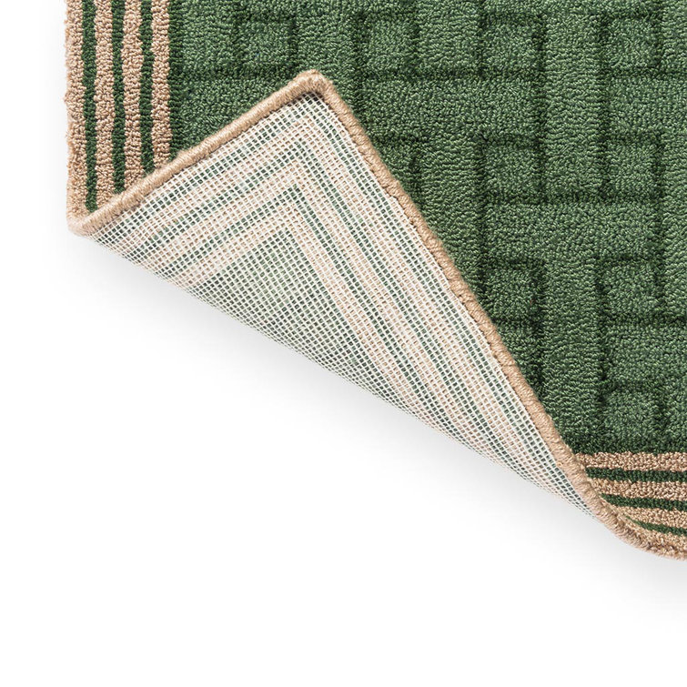 Handwoven Green Geometric Wool and Synthetic Rug