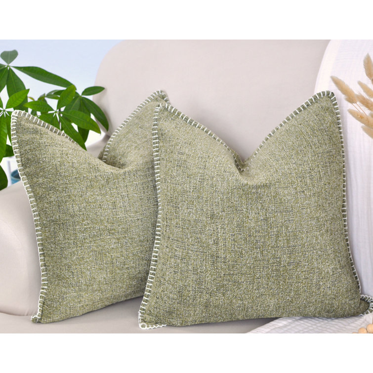 Olive Green Chenille Square Throw Pillow Covers with Piped Edges, 20x20, Set of 2